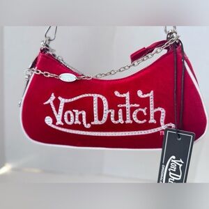 VON DUTCH RED AND WHITE RHINESTONE VELVET SHOULDER BAG
